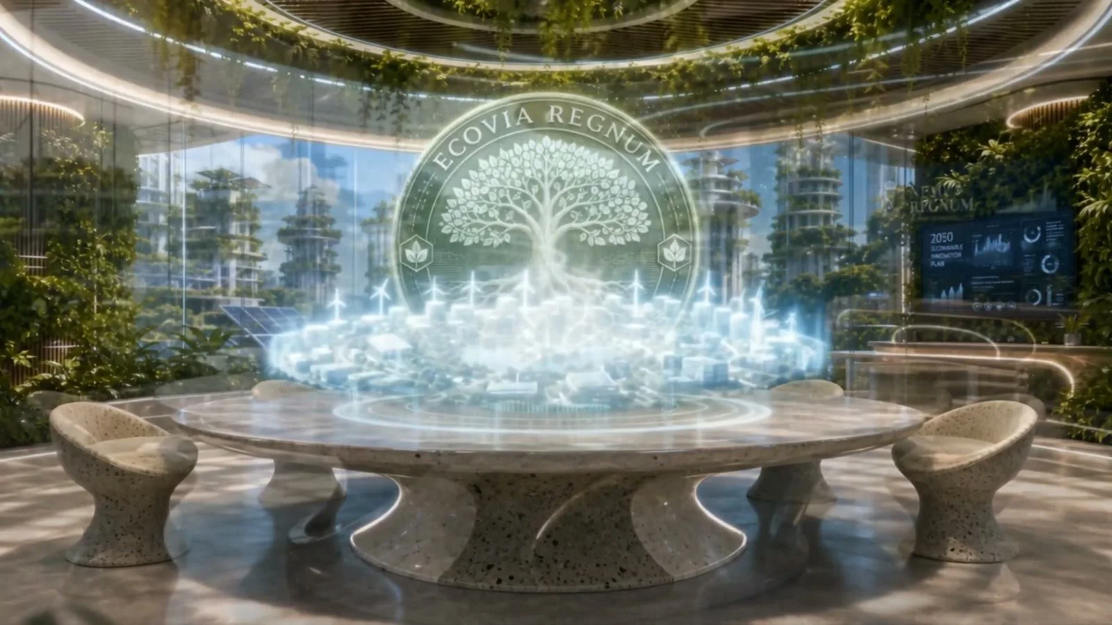 The charter room: a round stone table in a planted glass hall, a hologram of the city and its emblem rising from the table's centre