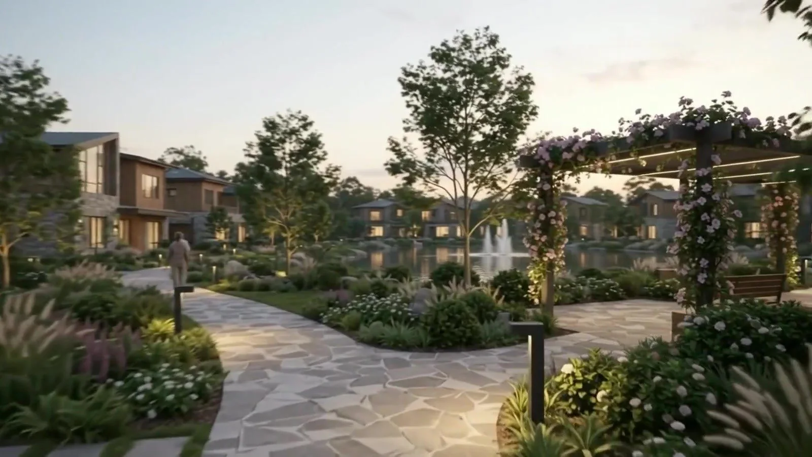 A residential district at dusk: stone paths, flowering pergolas and homes around a lake with a fountain