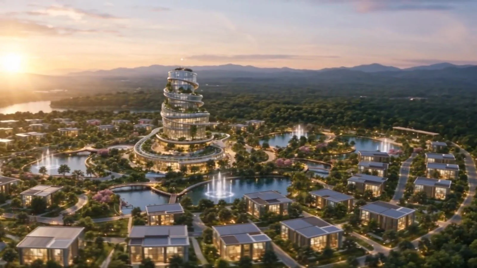 Evening over the village and the Heart: the spiral Centre among lakes, fountains and glass homes