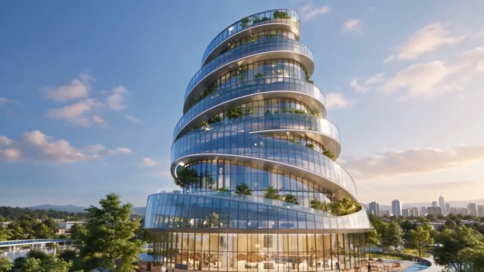 The spiral Rehabilitation Centre in late sun: glass floors wound by planted terraces, rising from the trees