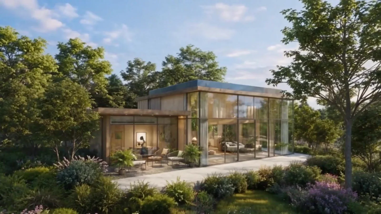 A two-storey glass home set among trees and planted gardens