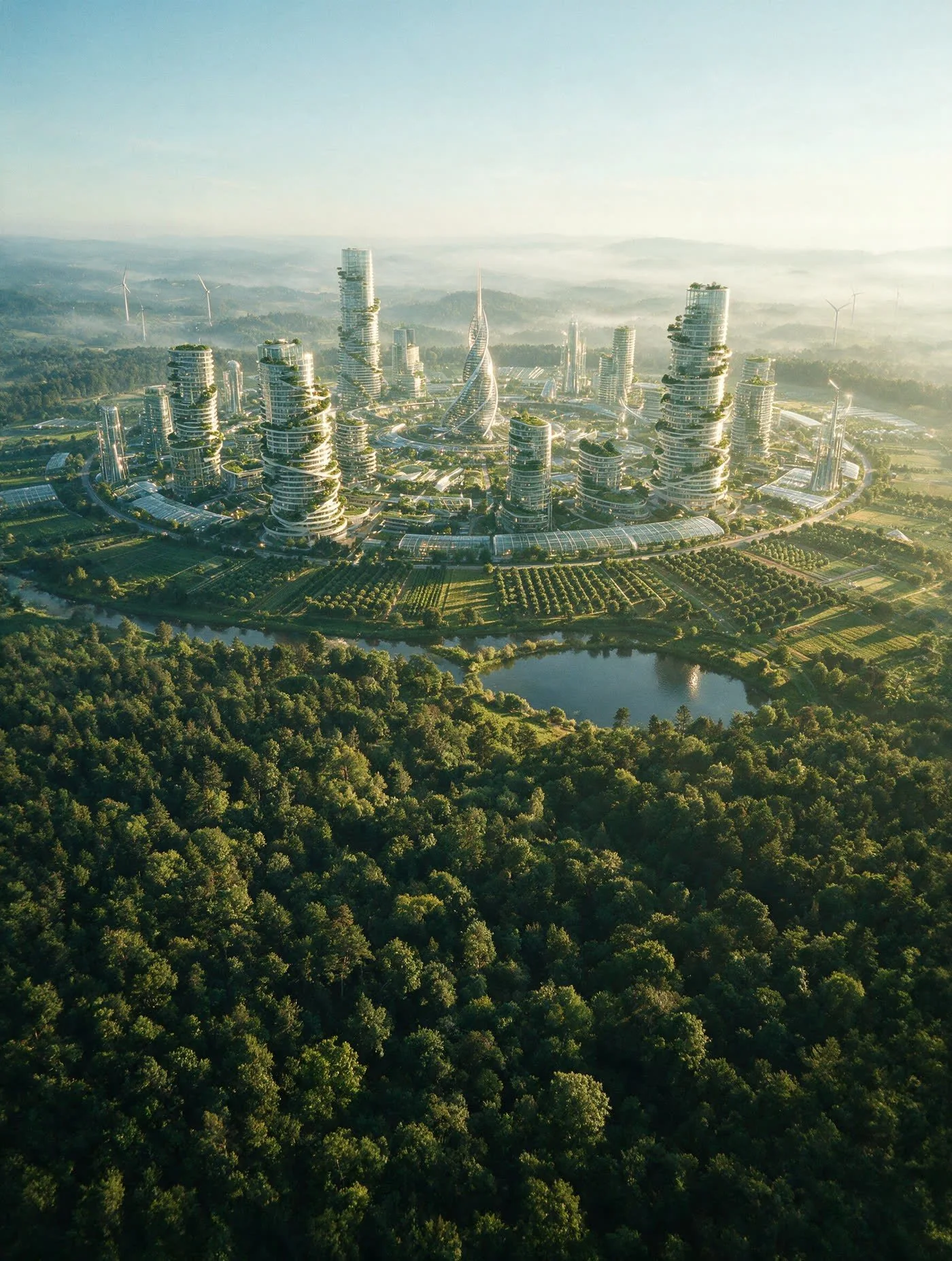 The ring from the south: the circular city of spiral towers held inside unbroken forest, glasshouses and orchards around it, a lake and river in the foreground, wind turbines on the far misty ridges