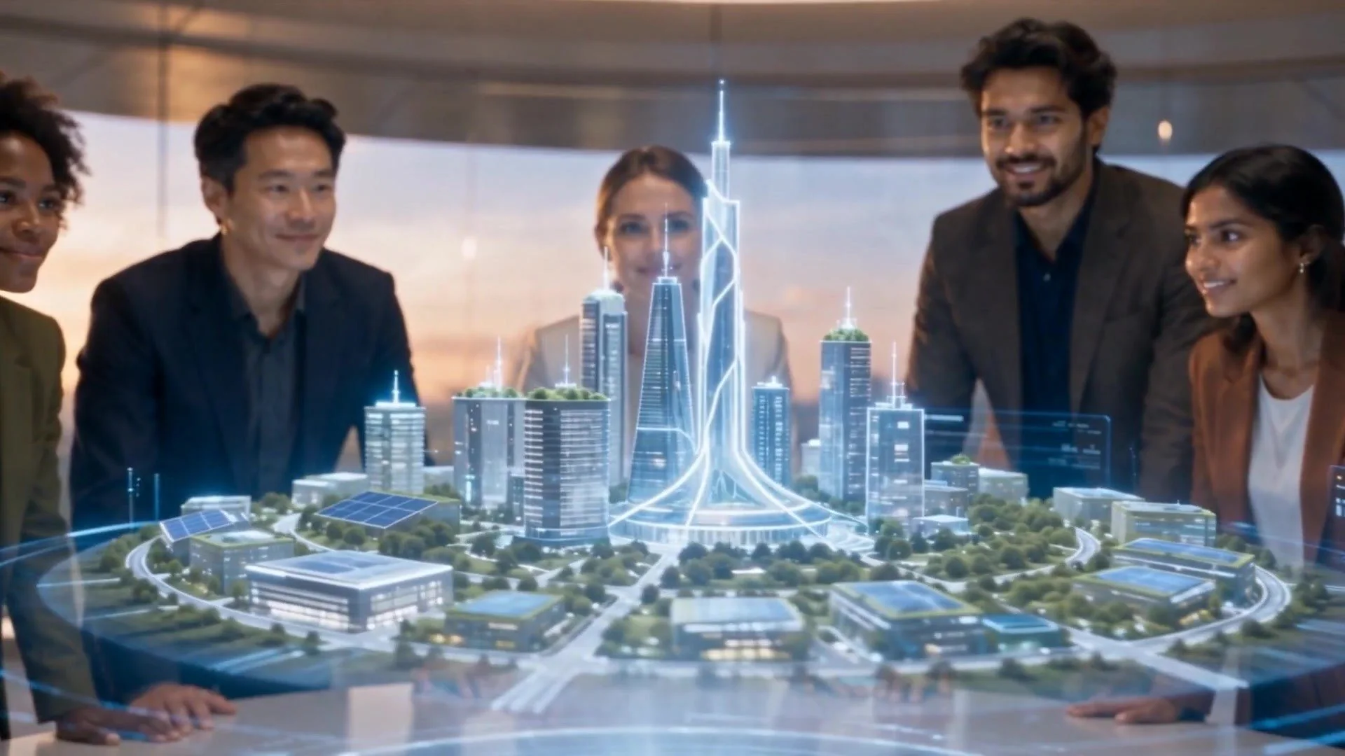 People gathered around a holographic model of the city: towers of light rising from a glowing table