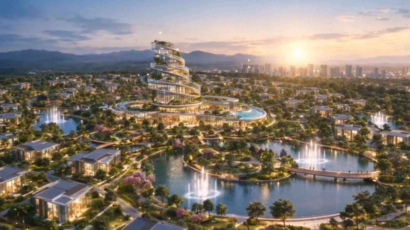The village at golden hour: the spiral Centre among glass homes, lakes with fountains and tree-lined walks